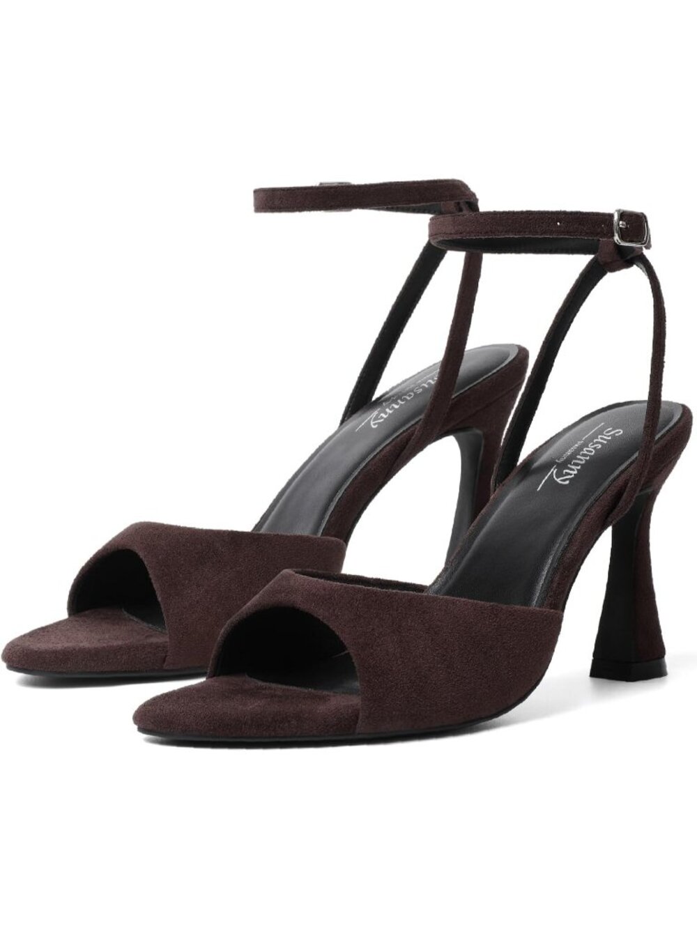 Women's Chocolate Pointed Open Toe Ankle Strap Chunky Block Sandals High Heels